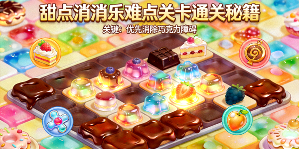 甜点消消乐困难关卡示意图，展示如何判断使用小木槌敲掉关键障碍物