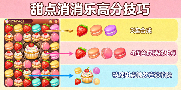 甜点消消乐基础消除示意图，展示三个相同甜点直线连接消除的效果