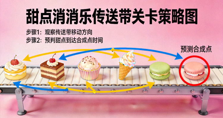 甜点消消乐传送带关卡策略图，用箭头标注了甜品随传送带移动的轨迹与预判合成点