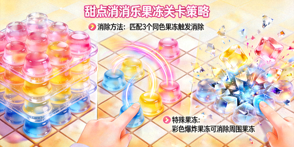 甜点消消乐果冻关卡策略配图，展示多层果冻覆盖的棋盘与消除方法