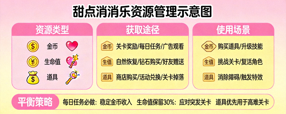 甜点消消乐资源管理示意图，展示金币、生命值、道具等资源的获取与使用平衡策略