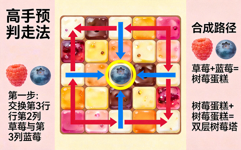甜点消消乐棋盘规划示意图，用箭头和标记展示高手玩家的预判走法与合成路径